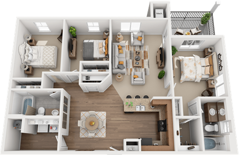Floor plan for 3 beds, 2 baths, 1197 sqft